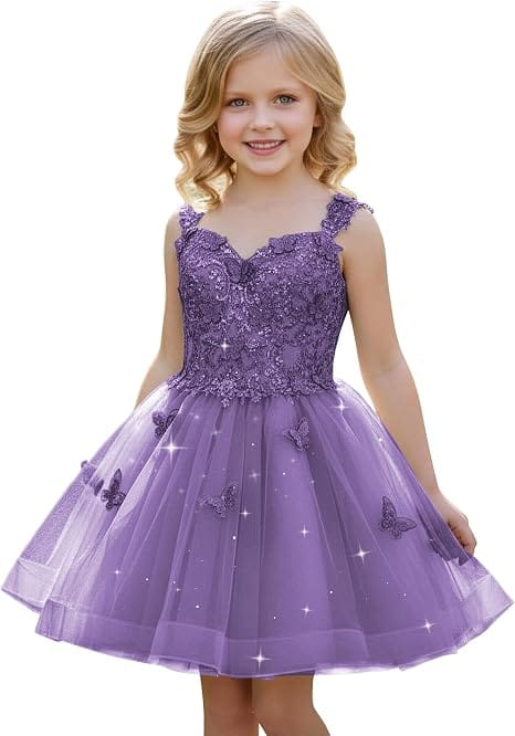 Purple / 18m Sunnypetal Luxury Mint Green Butterfly Lace Flower Girl Dress