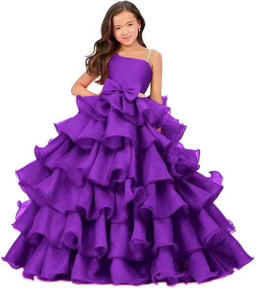 Purple / 18m Sunnypetal Luxury One Shoulder Organza Ruffle Flower Girl Pageant Gown