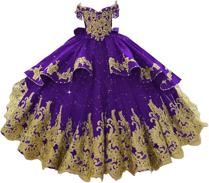 Purple / 18m Sunnypetal Luxury Royal Blue Off-Shoulder Ball Gown Flower Girl Dress with Gold Embroidery