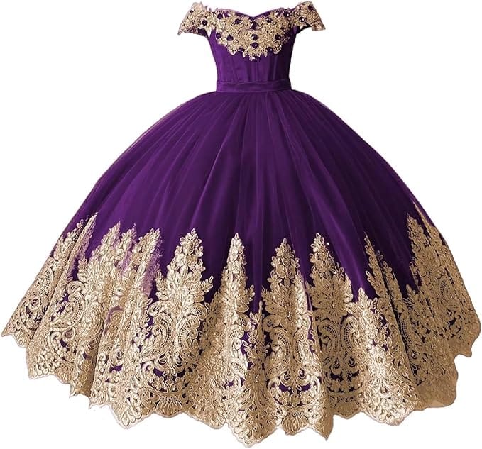 Purple / 18m Sunnypetal Off-Shoulder Gold Lace Beaded Puffy Tulle Flower Girl Gown for Special Occasions