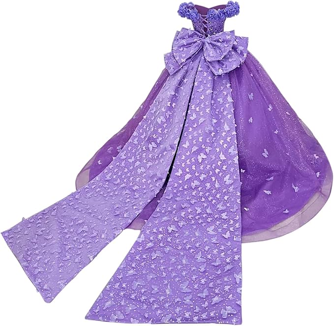 Purple / 18m Sunnypetal Princess Purple Tulle Ball Gown Flower Girl Dress with Butterfly Appliqués and Bow