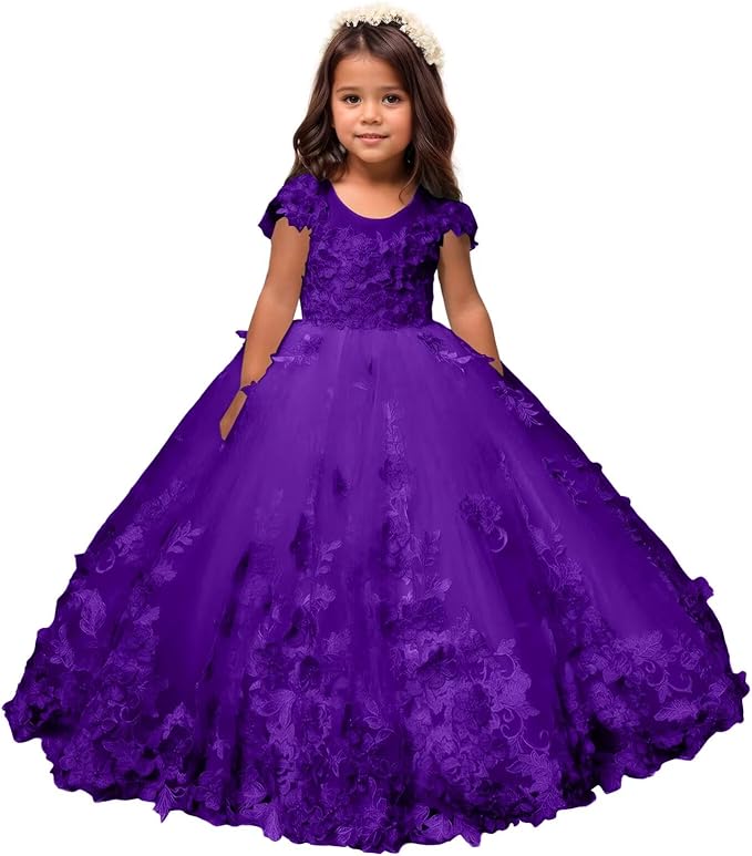 Purple / 18m Sunnypetal Romantic Blush Floral Lace Tulle Flower Girl Ball Gown