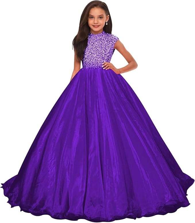 Purple / 18m Sunnypetal Sparkling Hot Pink Ball Gown Flower Girl Dress with Rhinestones Beaded Bodice