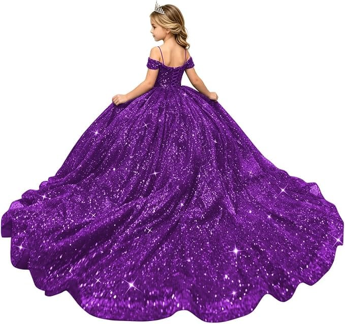 Purple / 18m Sunnypetal Sparkly Sequin Off-Shoulder Princess Ball Gown Flower Girl Dress for Pageant