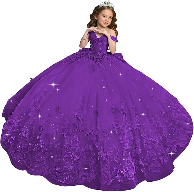 Purple / 18m Sunnypetal Sweetheart Neck 3D Butterfly Tulle Flower Girl Dress with Big Bow