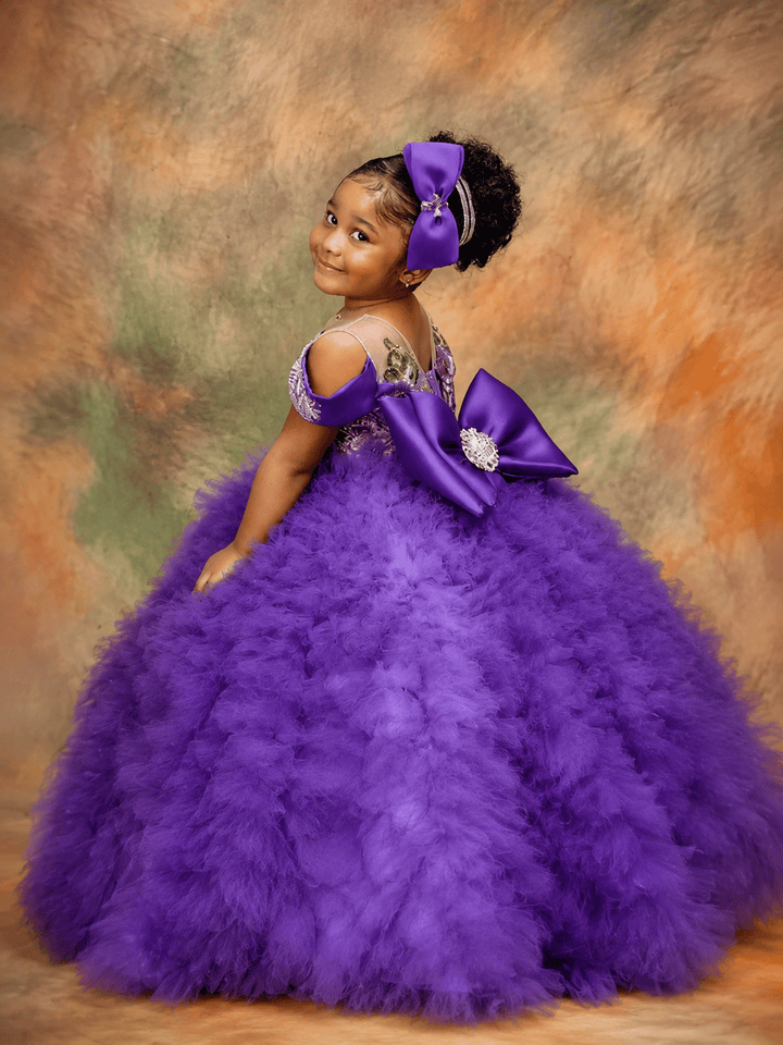 Purple / 3m Sunnypetal Purple Sequin Off-Shoulder Ball Gown Flower Girl Dress for Birthday Pageant