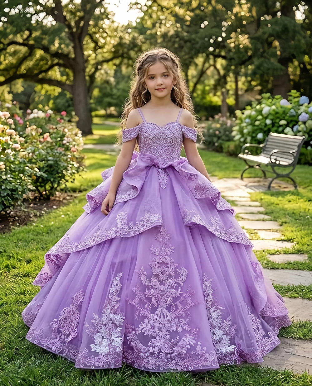 Purple / 3m TinyTulle Elegant Lace Appliqué Layered Tulle Pageant Flower Girl Ball Gown with Bow