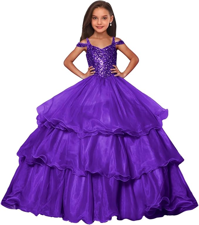 Purple / 9m Sunnypetal Sparkly Sequin Organza Off Shoulder Ball Gown Flower Girl Dress for Pageant