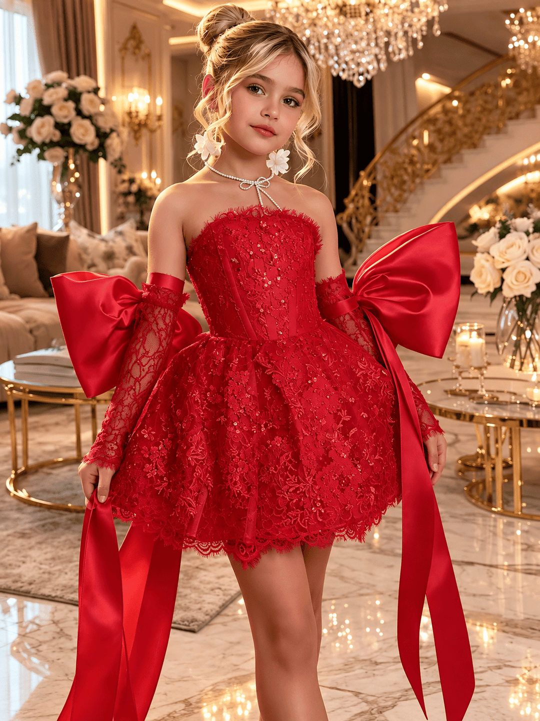 Red / 12m Sunnypetal Dreamy Light Blue Lace Flower Girl Dress with Oversized Bows for Special Occasions