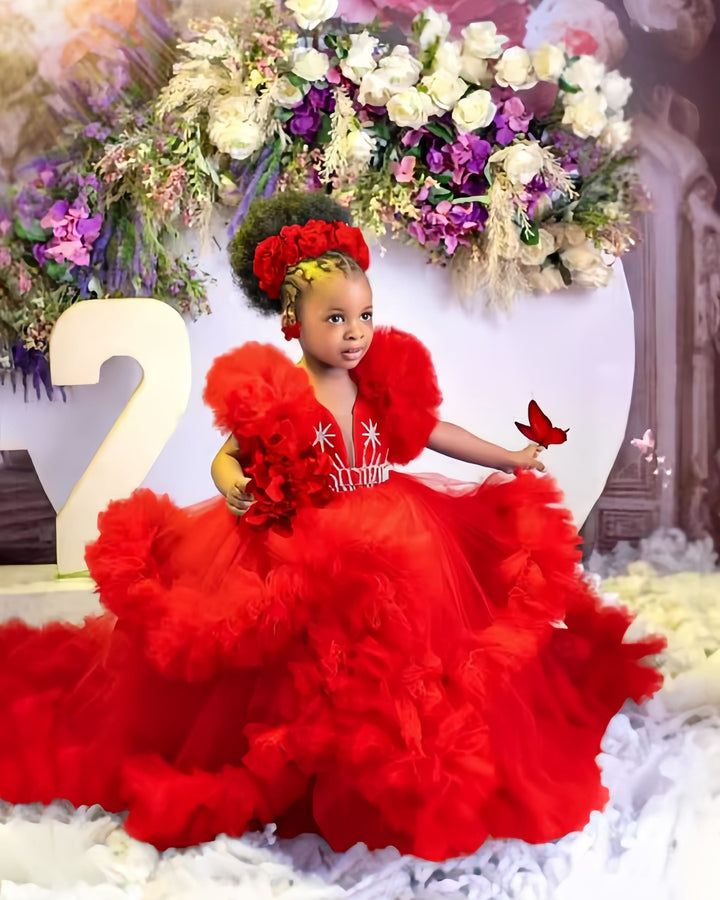 Red / 12m Sunnypetal Lavender Ruffles Tulle Flower Girl Dresses Baby Kids Pageant Gowns