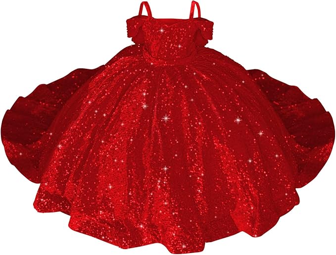 Red / 18m Sparkly Off-Shoulder Sequin Flower Girl Pageant Dress Princess Ball Gown with Bow