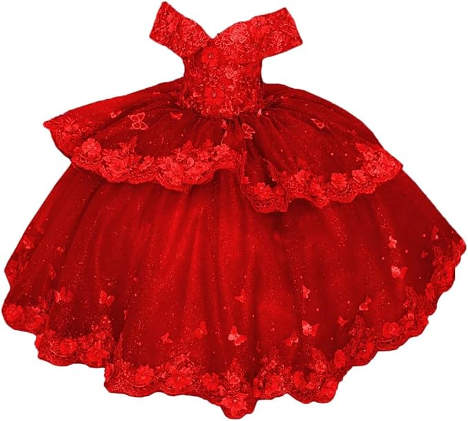 Red / 18m Sunnypeta lEnchanted Blue Sweetheart Tulle Flower Girl Gown with Floral Appliqués