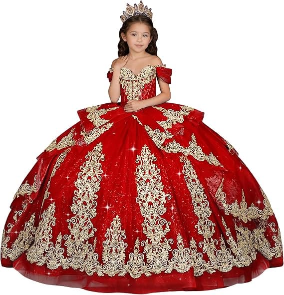 Red / 18m Sunnypetal Elegant Gold Appliqué Off-Shoulder Flower Girl Dress with Tassel Details