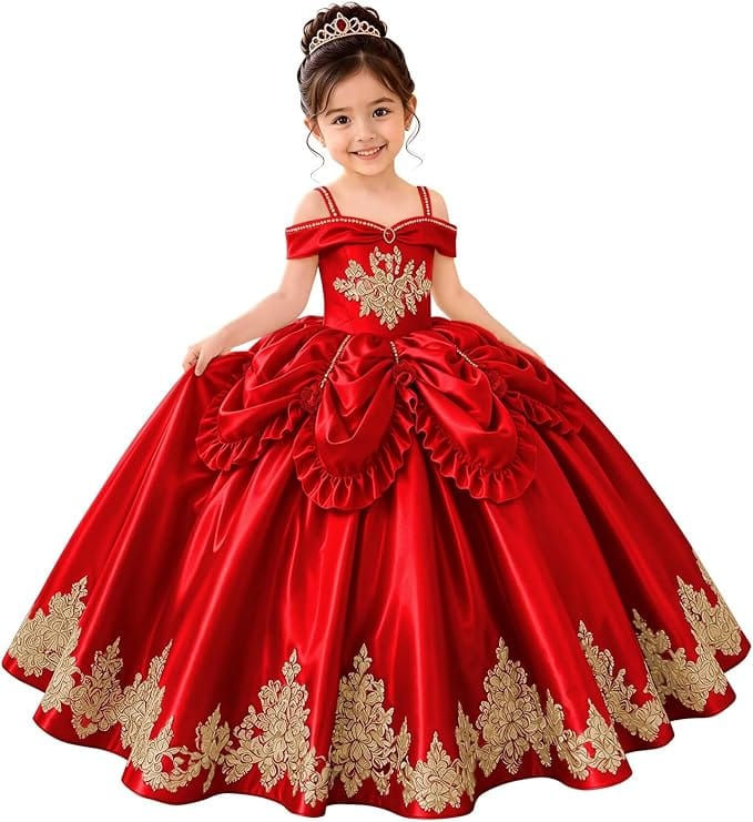 Red / 18m Sunnypetal Elegant Golden Satin Princess Flower Girl Dress with Bow