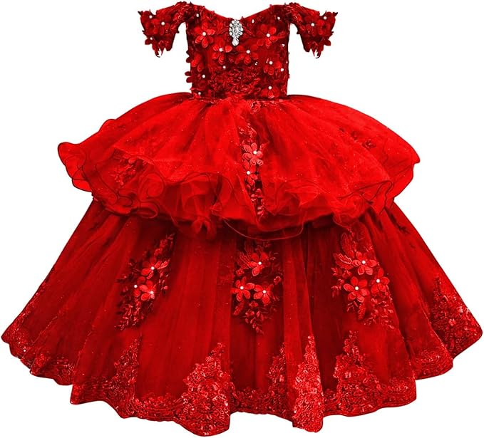 Red / 18m Sunnypetal Elegant Off-Shoulder Tulle Ball Gown Flower Girl Dress with 3D Floral Appliqués