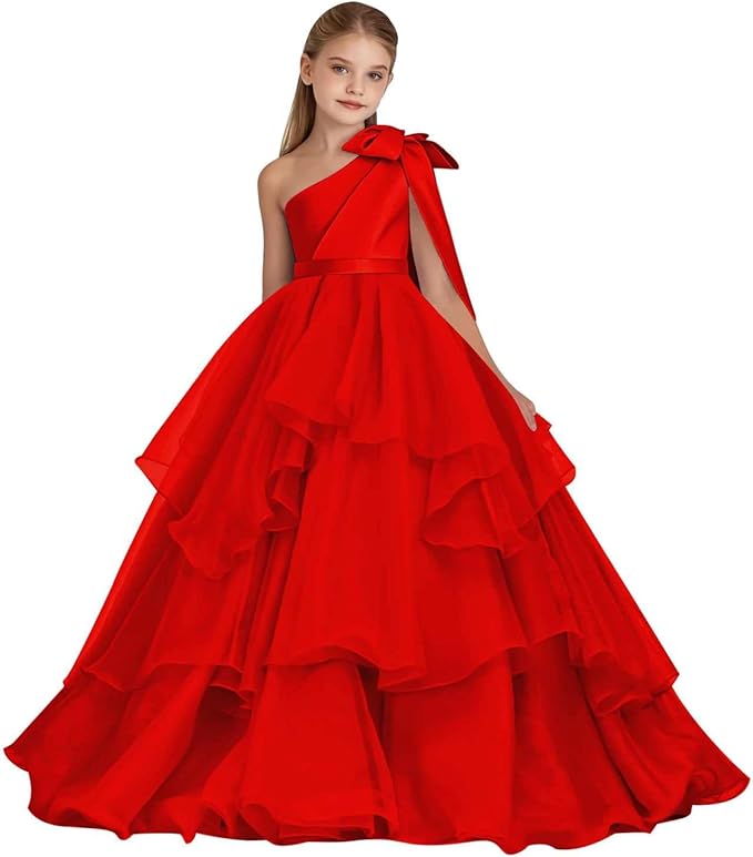 Red / 18m Sunnypetal Elegant One-Shoulder Satin Tulle Flower Girl Pageant Dress for Special Occasions