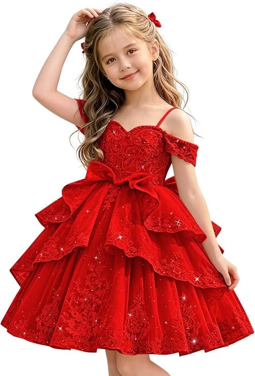 Red / 18m Sunnypetal Elegant Sweetheart Lace Applique Princess Bow Flower Girl Pageant Dress