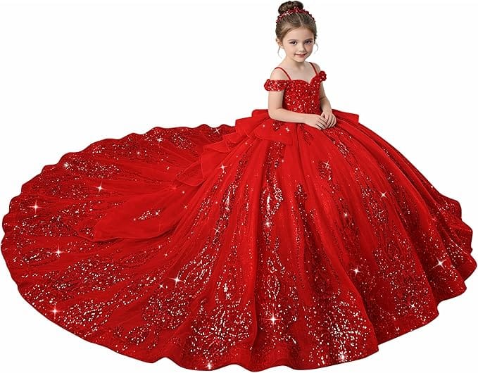 Red / 18m Sunnypetal Enchanted Blue Off-Shoulder Flower Girl Princess Ball Gown with Sparkling Appliqués