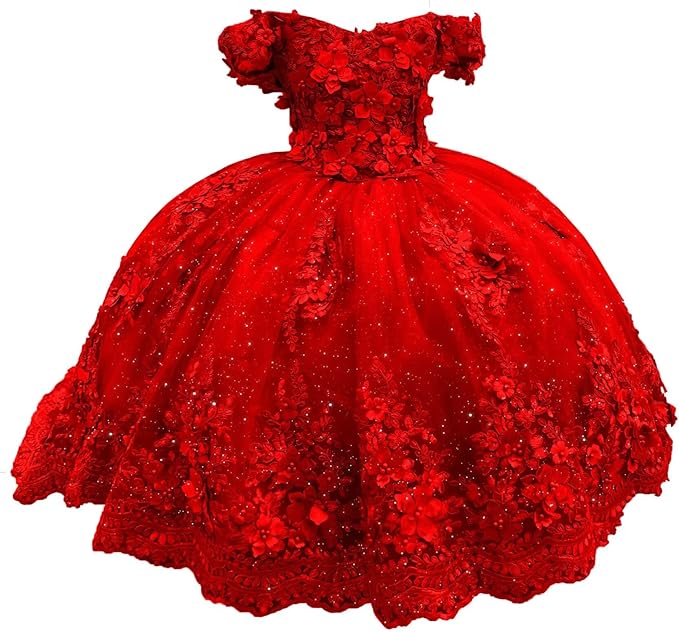 Red / 18m Sunnypetal Enchanted Ice Blue Tulle Ball Gown Flower Girl Dress with 3D Floral Appliqués