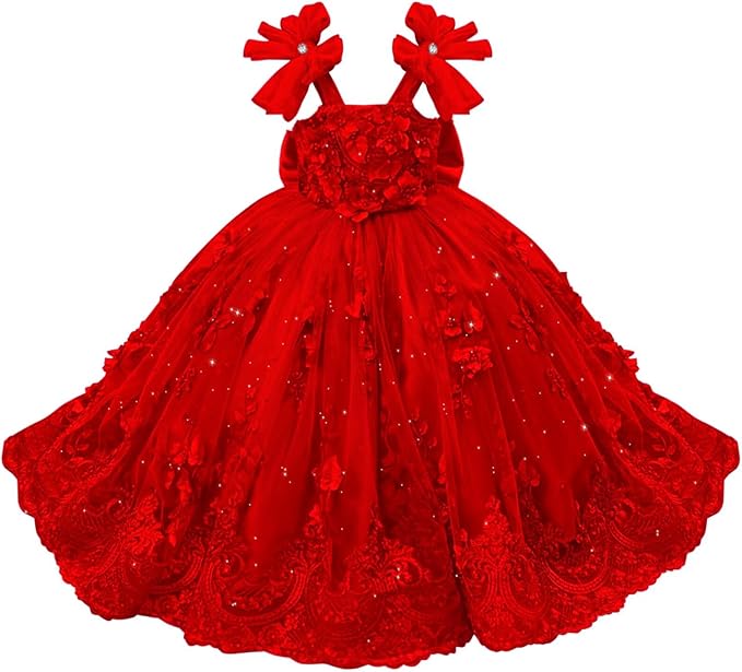 Red / 18m Sunnypetal Enchanted Mint Green Tulle Ball Gown Flower Girl Dress with 3D Floral Appliqués