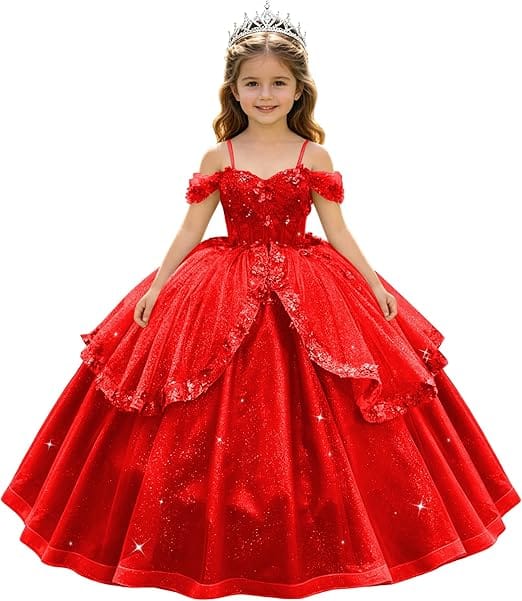 Red / 18m SunnyPetal Enchanted Sage Green Off-Shoulder Lace Appliqué Tulle Flower Girl Gown