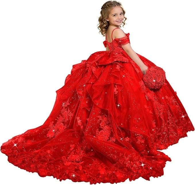 Red / 18m Sunnypetal Exquisite 3D Floral Lace Applique Ruffle Tulle Flower Girl Ball Gown with Bow