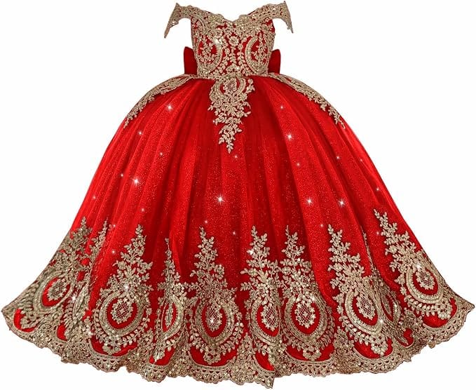 Red / 18m Sunnypetal Exquisite Gold Appliqué Off-Shoulder Princess Flower Girl Dress with Bow