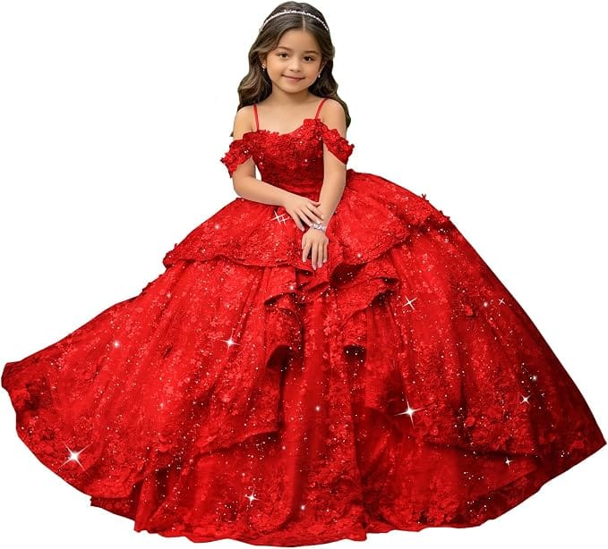 Red / 18m Sunnypetal Exquisite Off-Shoulder 3D Floral Appliqué Pageant Flower Girl Gown