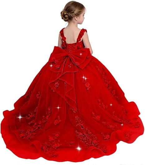 Red / 18m Sunnypetal Exquisite Off-Shoulder 3D Floral Glitter Tulle Ball Gown Flower Girl Dress with Bow