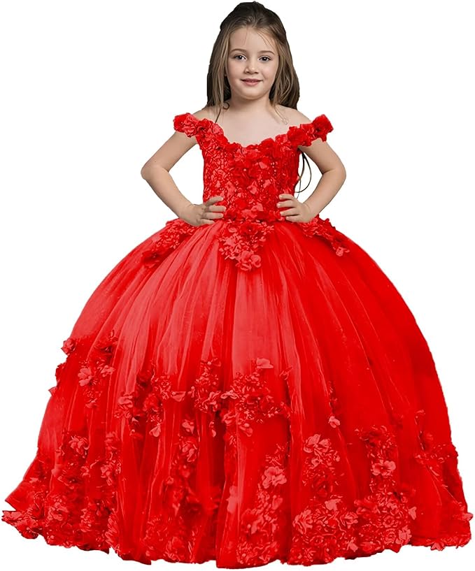 Red / 18m Sunnypetal Exquisite Off-Shoulder Tulle 3D Floral Flower Girl Princess Dress with Satin Bow