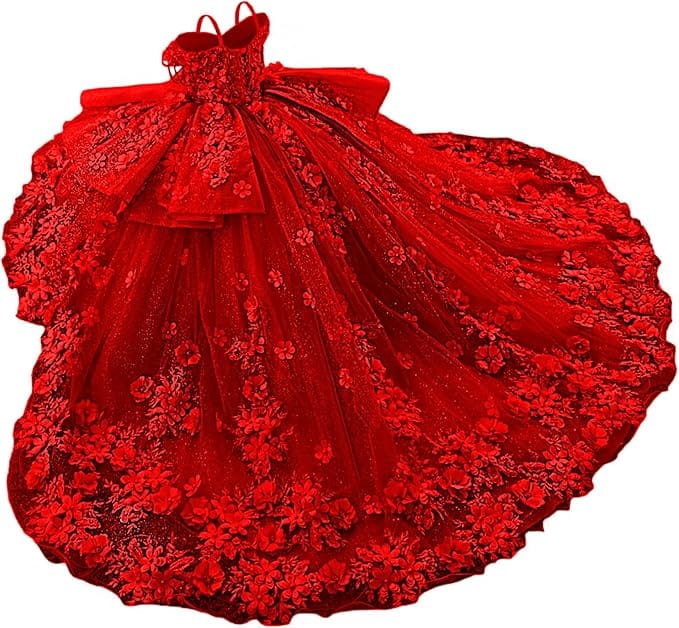 Red / 18m Sunnypetal Exquisite Tulle Off-Shoulder Flower Girl Dress Pageant Gown with 3D Floral Appliqués