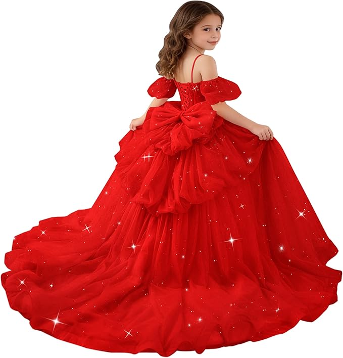 Red / 18m Sunnypetal Girls Spaghetti Strap Glitter Tulle Ball Gown with Lace Appliqués &amp; Bow
