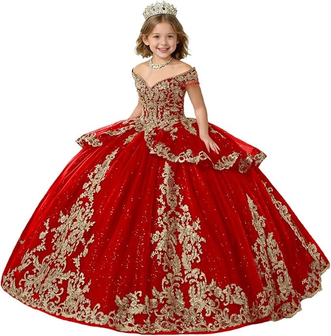 Red / 18m Sunnypetal Gold Applique Off Shoulder Flower Girl Dress with Tassels Crystal &amp; Bow