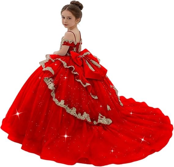 Red / 18m Sunnypetal Gold Sequin Lace Off-Shoulder Tulle Flower Girl Dress with Bow Detail