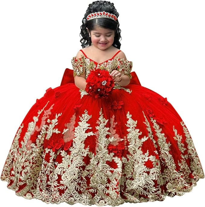 Red / 18m Sunnypetal Gorgeous Gold Appliqués Tulle Flower Girl Ball Gown with Bow and 3D Butterflies