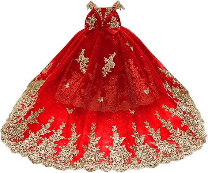 Red / 18m Sunnypetal Gorgeous Off-Shoulder Sweetheart Tulle Flower Girl Dress with Gold Embroidery