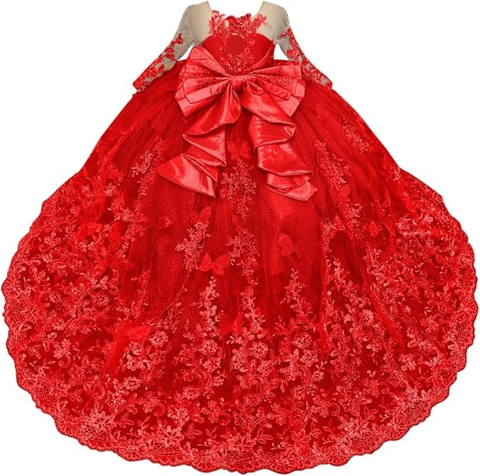 Red / 18m Sunnypetal Lace Long Sleeve Ball Gown Flower Girl Dress with 3D Butterflies and Satin Bow
