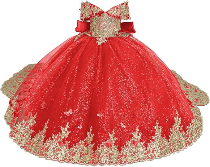 Red / 18m Sunnypetal Luxury Emerald Green Lace Appliqué Tulle Ball Gown Flower Girl Dress with Royal Train