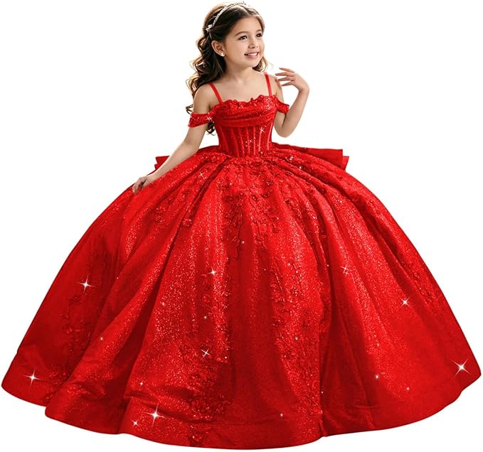 Red / 18m Sunnypetal Luxury Glitter Tulle Off-Shoulder Ball Gown Flower Girl Dress with Train