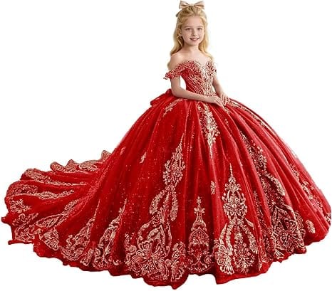 Red / 18m Sunnypetal Luxury Gold Appliqué Glitter Tulle Flower Girl Gown with Oversized Bow