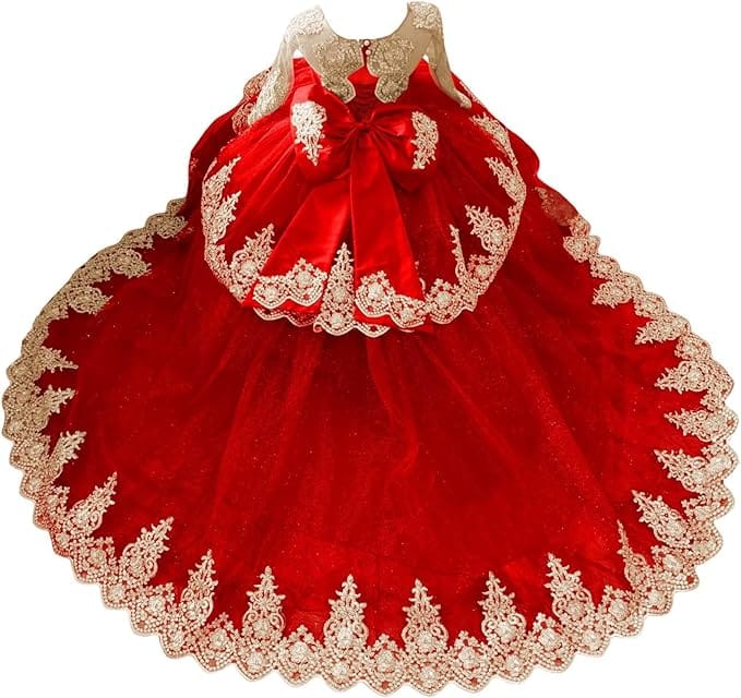Red / 18m Sunnypetal Luxury Gold Lace Appliqué Tulle Ball Gown Flower Girl Dress with Royal Train