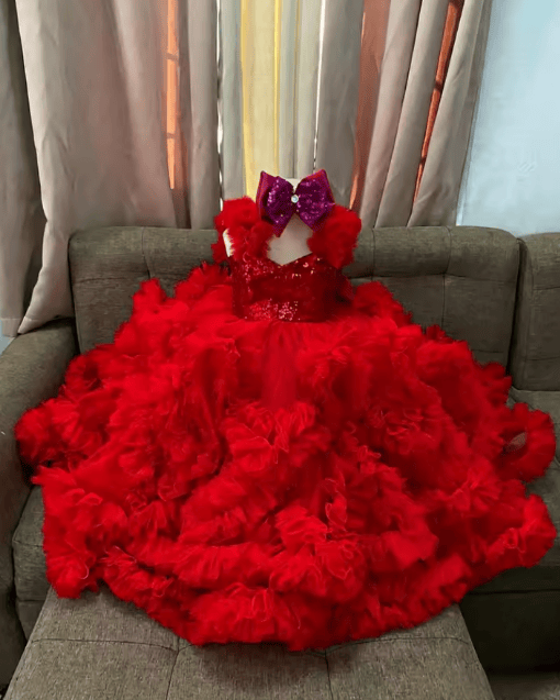Red / 18m Sunnypetal Luxury Hot Pink Ruffle Tulle Flower Girl Ball Gown with Sequin Bow