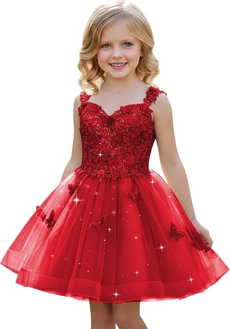 Red / 18m Sunnypetal Luxury Mint Green Butterfly Lace Flower Girl Dress