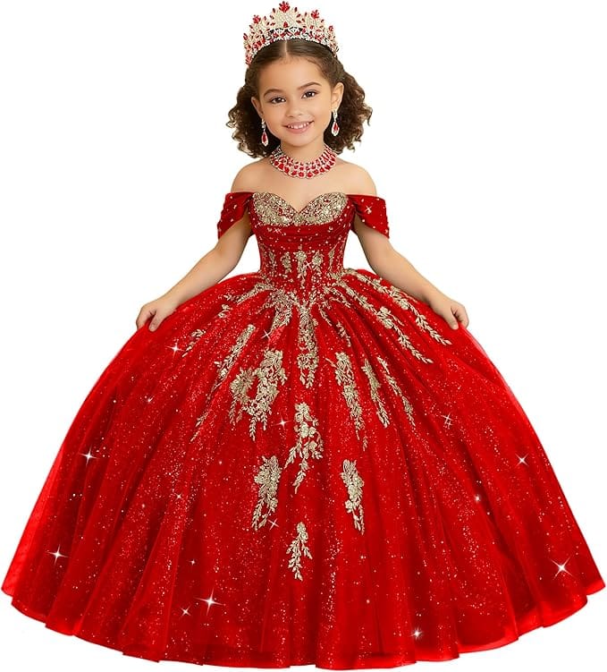 Red / 18m Sunnypetal Luxury Off-Shoulder Gold Lace Applique Princess Flower Girl Ball Gown Dress