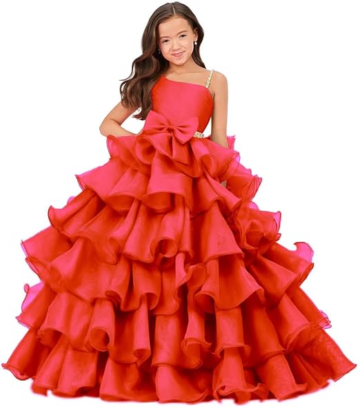 Red / 18m Sunnypetal Luxury One Shoulder Organza Ruffle Flower Girl Pageant Gown