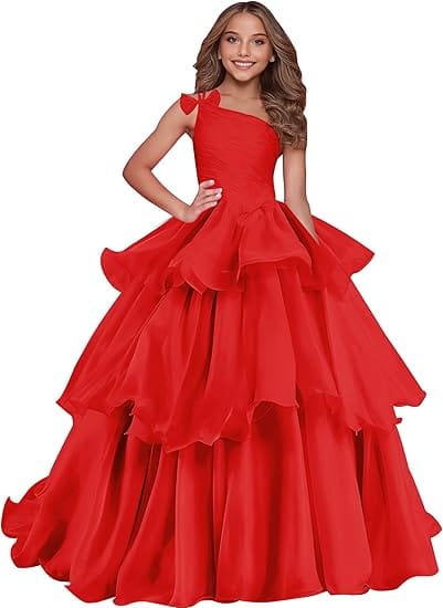 Red / 18m Sunnypetal Luxury One-Shoulder Puffy Organza Flower Girl Dress Princess Pageant Gown