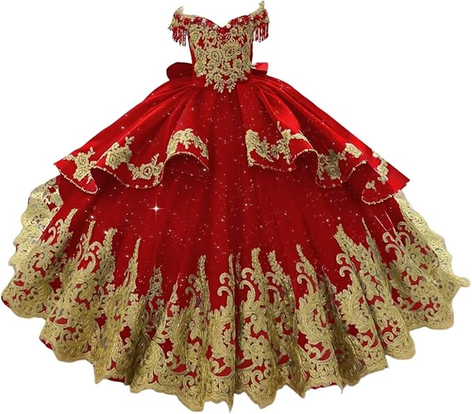 Red / 18m Sunnypetal Luxury Royal Blue Off-Shoulder Ball Gown Flower Girl Dress with Gold Embroidery