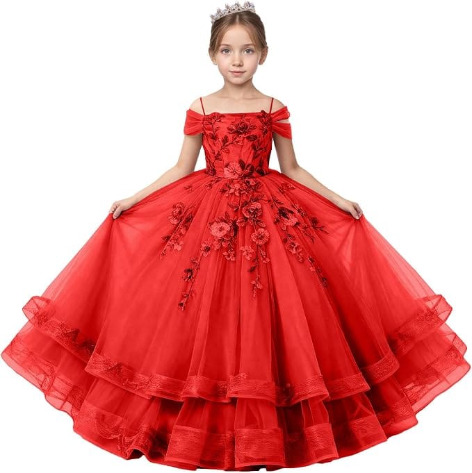 Red / 18m Sunnypetal Off-Shoulder Floral Appliqué Tulle Flower Girl Dress for Special Occasions