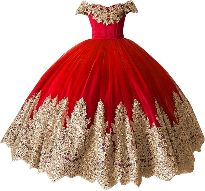 Red / 18m Sunnypetal Off-Shoulder Gold Lace Beaded Puffy Tulle Flower Girl Gown for Special Occasions