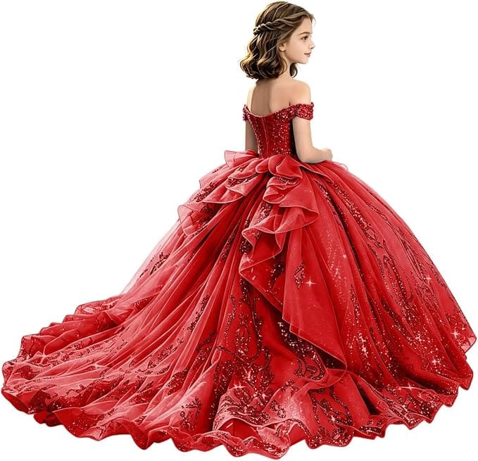 Red / 18m Sunnypetal Off-Shoulder Lace Applique Beaded Flower Girl Pageant Dress